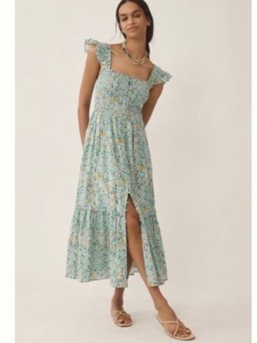 Anthropologie Peregrine Blue Green Floral SquareNeck Smocked Maxi Dress NWT Sz L
